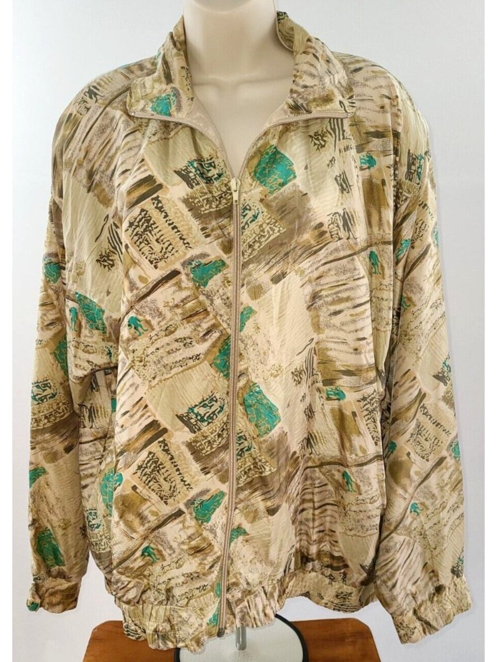 Oleg Cassini Vintage Designer Full Zip 100% Silk Beige Lined Jacket Women's M